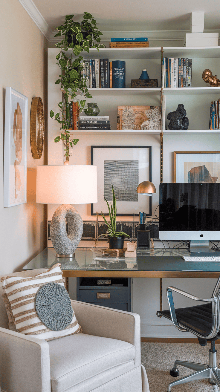 A cozy home office with plants, bookshelves, and a stylish desk setup.