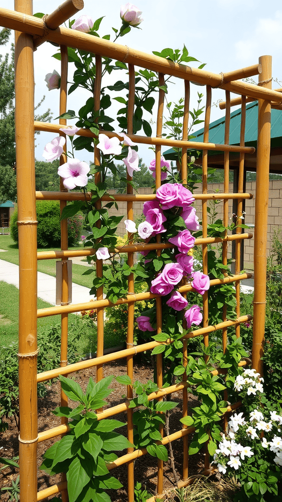 A bamboo trellis with blooming flowers in a garden setting.