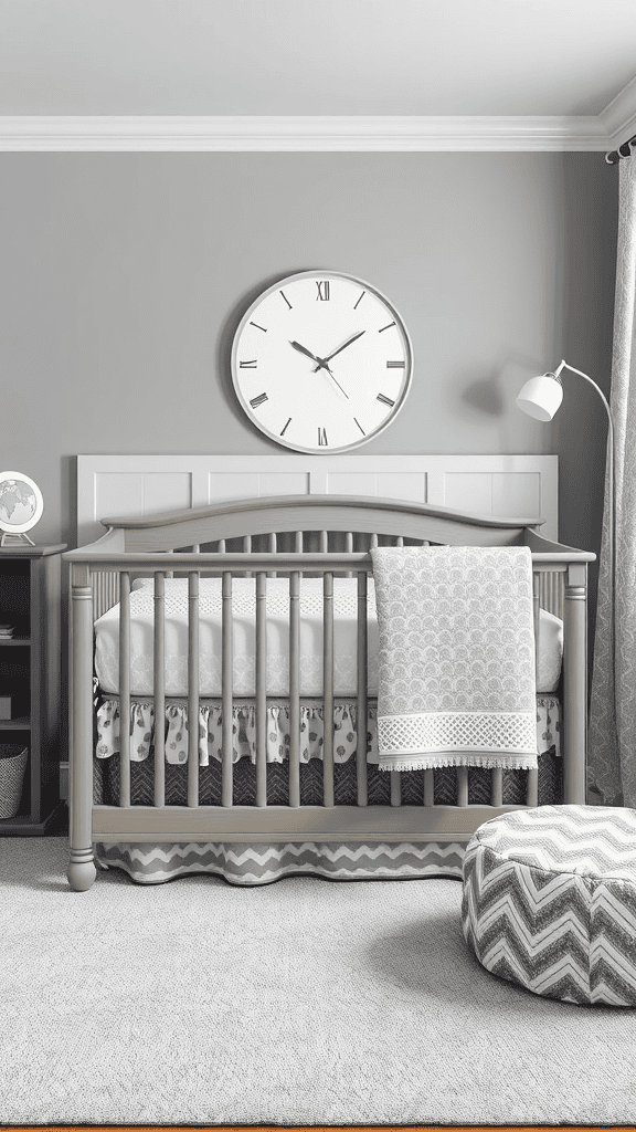 A cozy crib with a subtle patterned bedding set in a gray nursery.