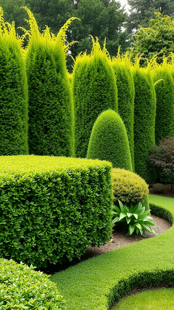 A well-maintained garden featuring various hedges and plants.