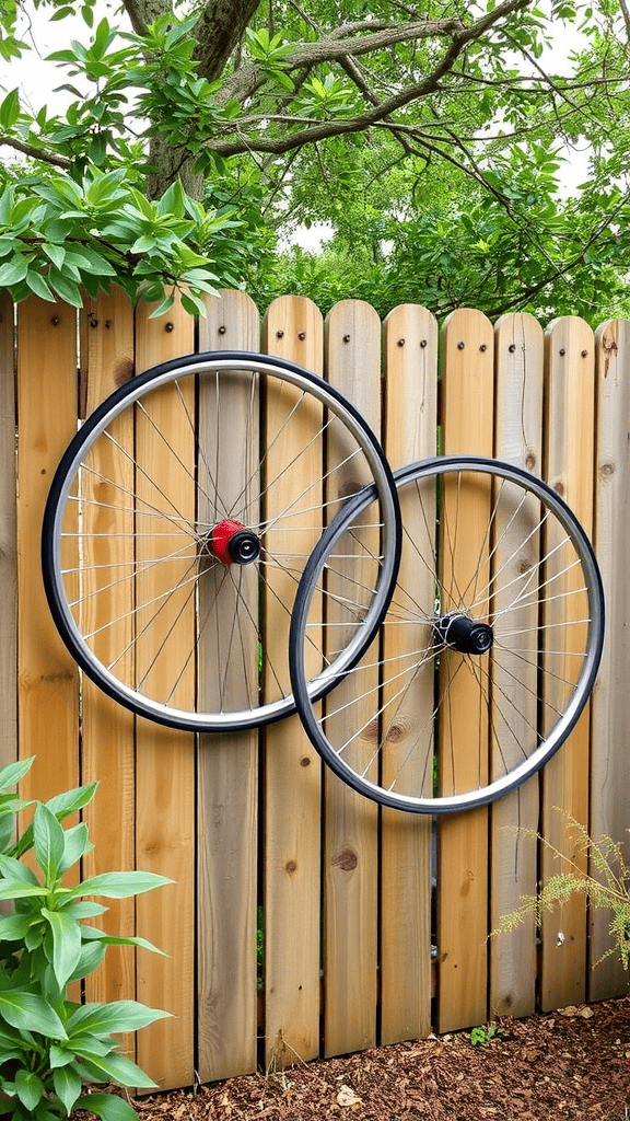 Two bicycle wheels hanging on a wooden fence with greenery in the background.