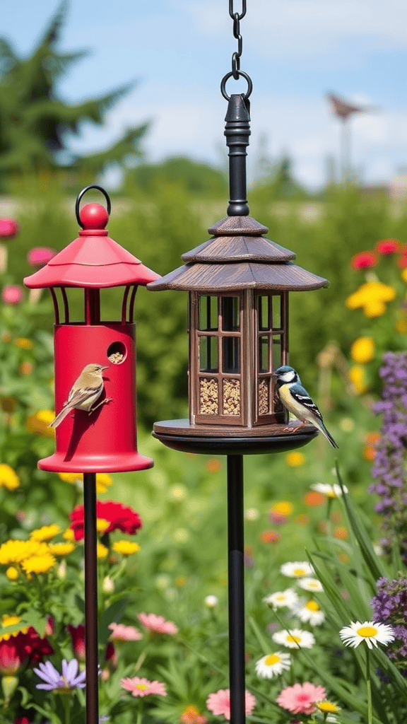 Two stylish bird feeders in a colorful garden with various flowers.