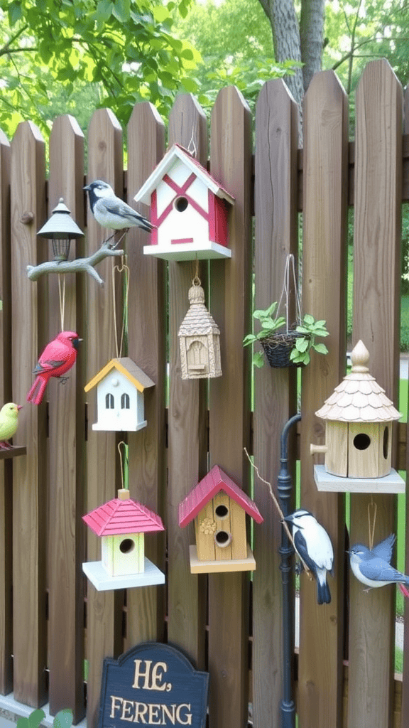 Colorful birdhouses and feeders hanging on a wooden fence.