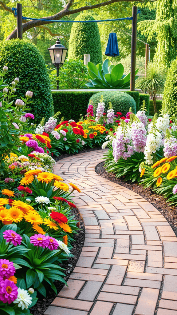 Curved brick pathway surrounded by colorful flowers and lush greenery.