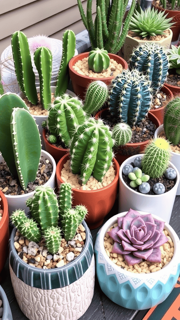 A vibrant collection of cacti and succulents in various pots.