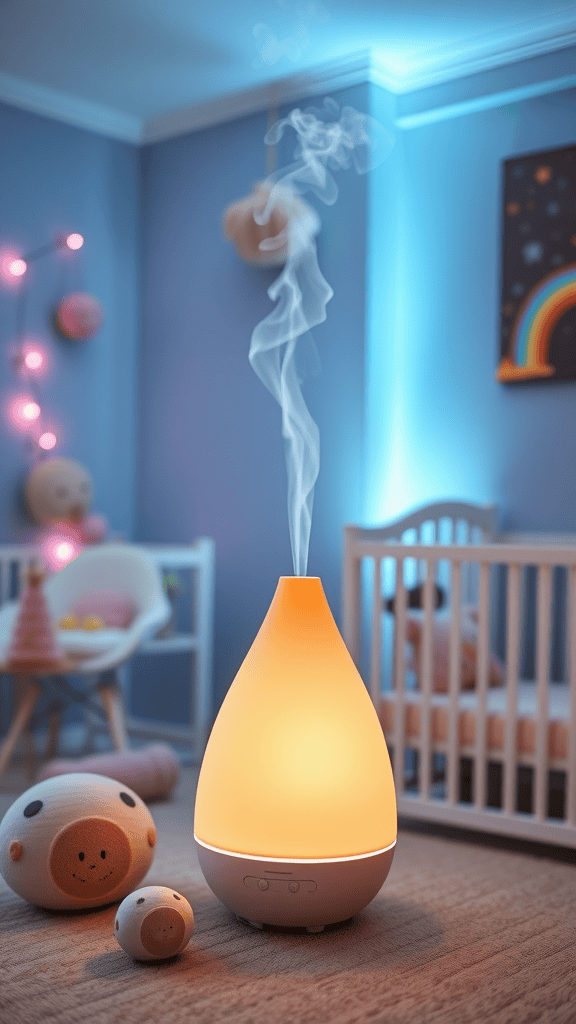 A calming aromatherapy diffuser with a warm glow in a cozy room