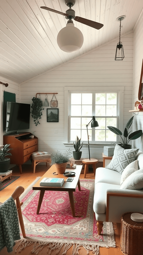 Vintage tiny house living room with minimal decor and natural light