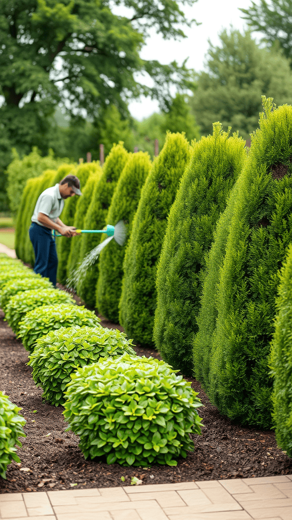 Person watering newly planted hedges in a garden.