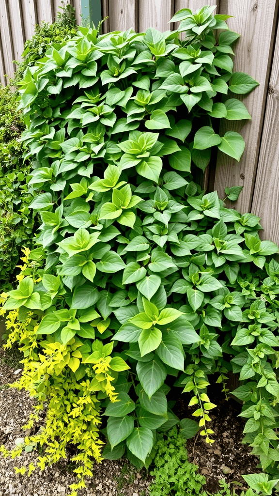 A vibrant display of cascading plants against a wooden fence, showcasing lush green leaves.