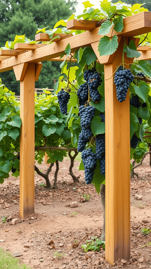 Cedar wood trellis with hanging grapes and lush green leaves