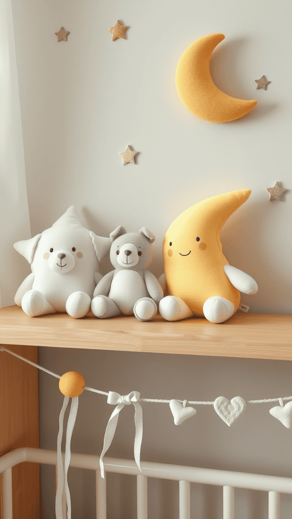 A shelf with celestial-themed stuffed animals including a star-shaped dog, a bear, and a smiling moon, alongside decorative stars.