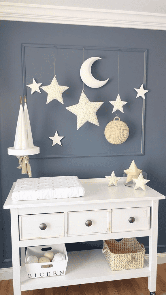 Celestial themed changing table with stars and moon decor