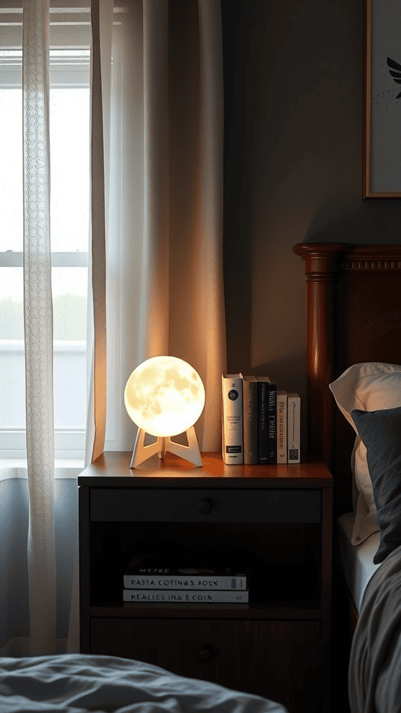 A nightstand featuring a glowing moon lamp next to books and a cozy bedding arrangement.