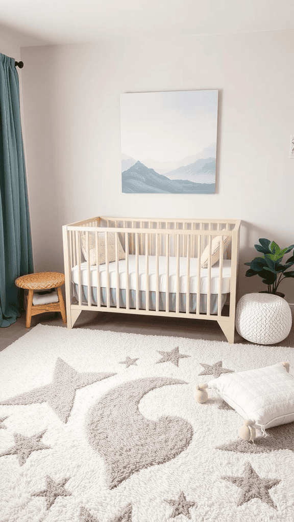 A cozy nursery featuring a crib, a celestial themed rug with stars and a moon design, and soft decor.