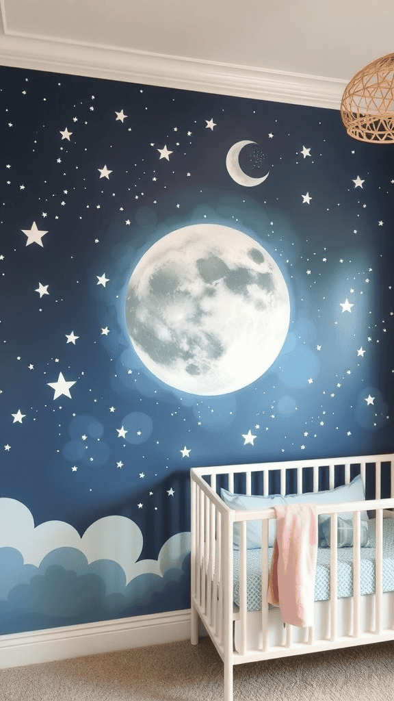 A nursery with a celestial mural featuring a large moon, stars, and clouds.