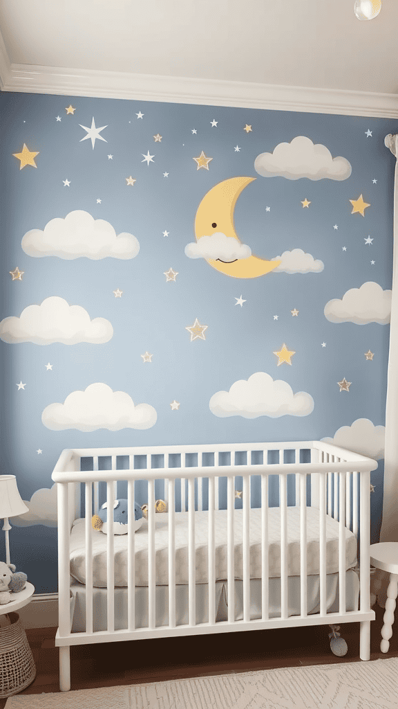 A nursery wall mural featuring clouds, stars, and a smiling moon.