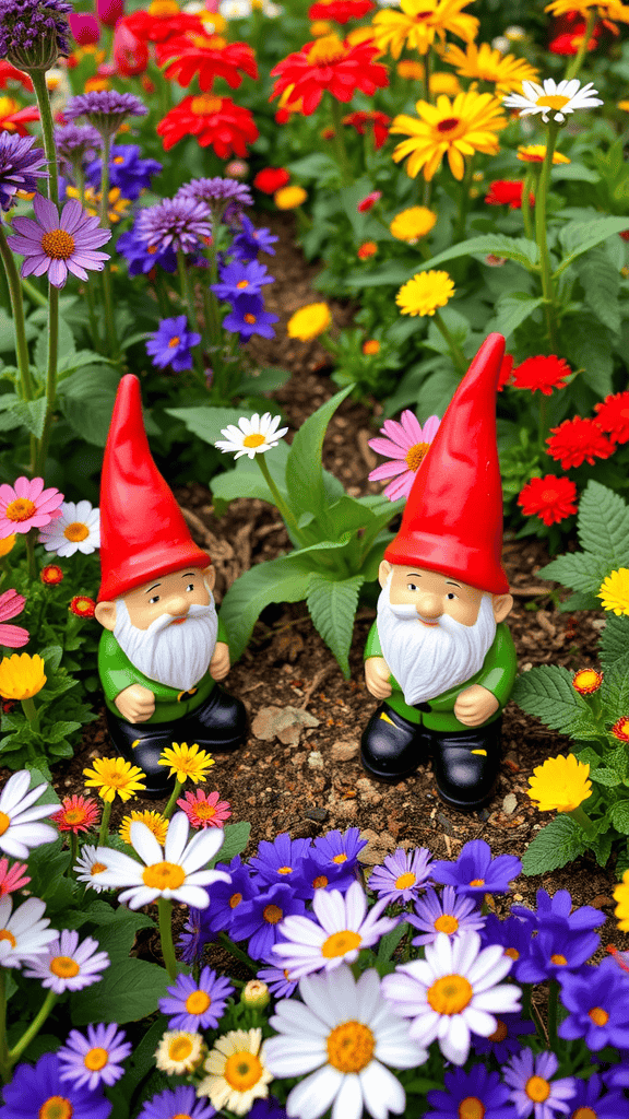 Two ceramic garden gnomes surrounded by colorful flowers