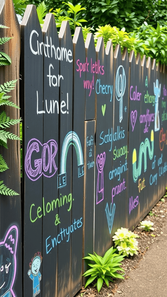 A colorful chalkboard fence with various doodles and writings.