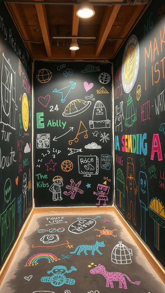 Colorful chalk drawings on black chalkboard walls