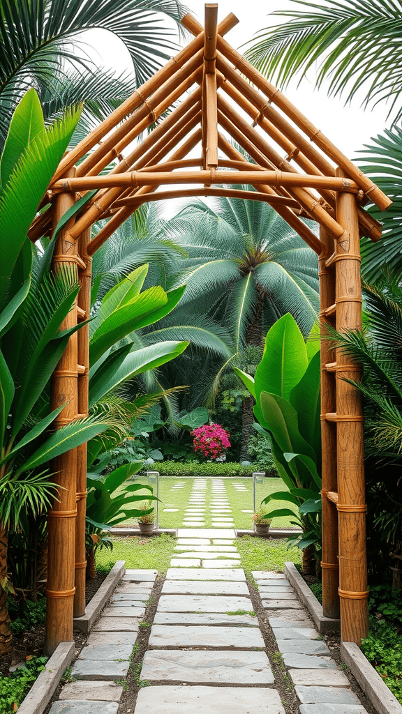 A bamboo arch gateway leading into a garden surrounded by tropical plants.