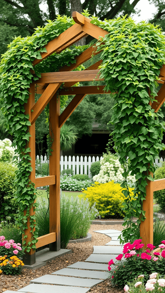 A wooden garden arbor covered in green vines, leading to a flower-filled path.