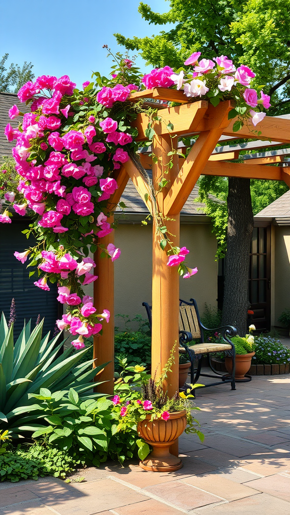 A beautiful garden trellis adorned with pink flowers in a sunny patio setting.