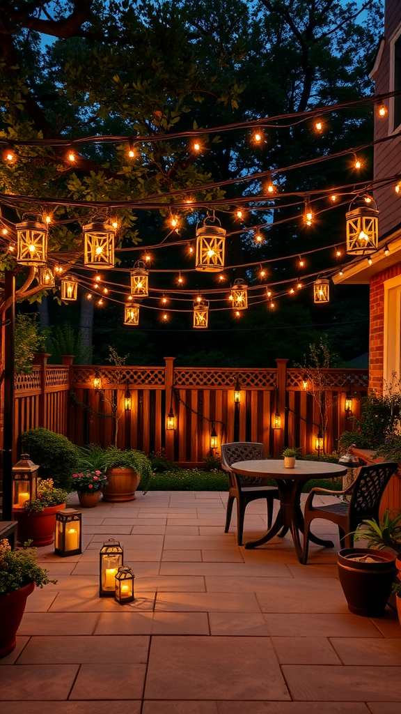 A stylish outdoor patio with string lights and lanterns creating a warm atmosphere.