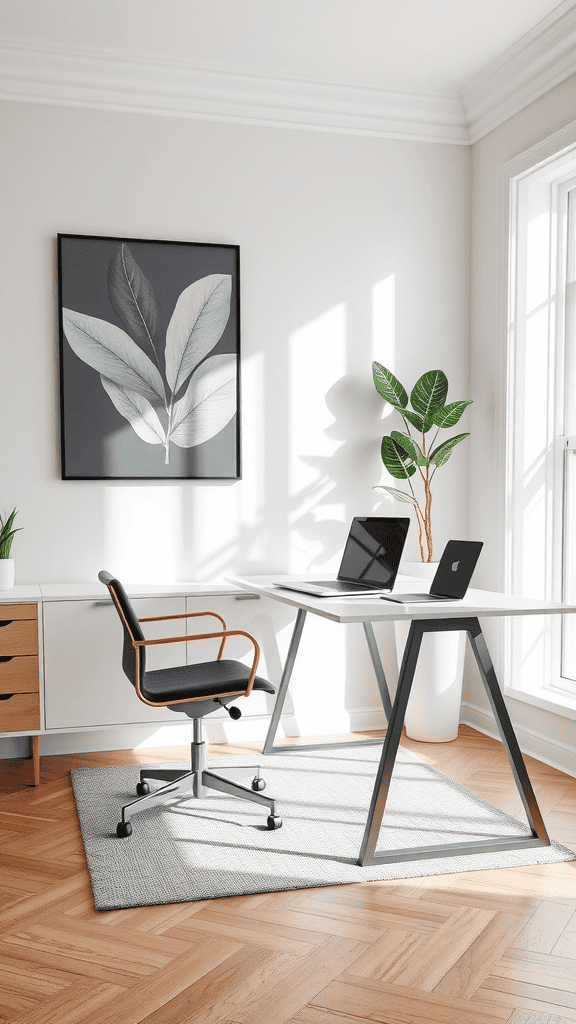 Modern workspace with a sleek black desk, office chair, and natural light.