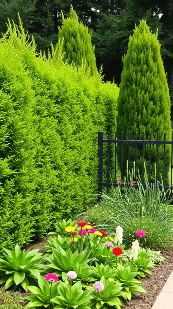 A vibrant green hedge and colorful flowers in a garden setting.