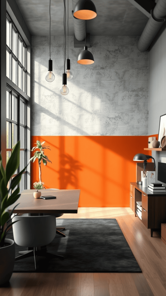 A modern office space featuring a bright orange accent wall and stylish decor.