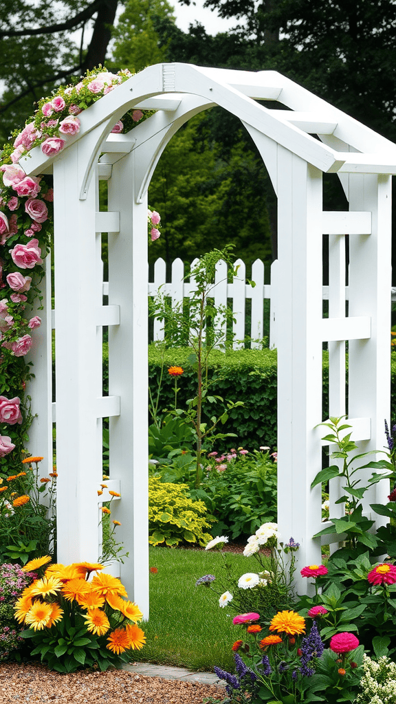 A classic white wooden arch surrounded by colorful flowers in a garden.