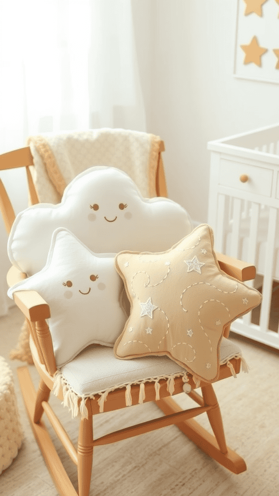 A cozy nursery scene featuring cloud and star pillows on a rocking chair.