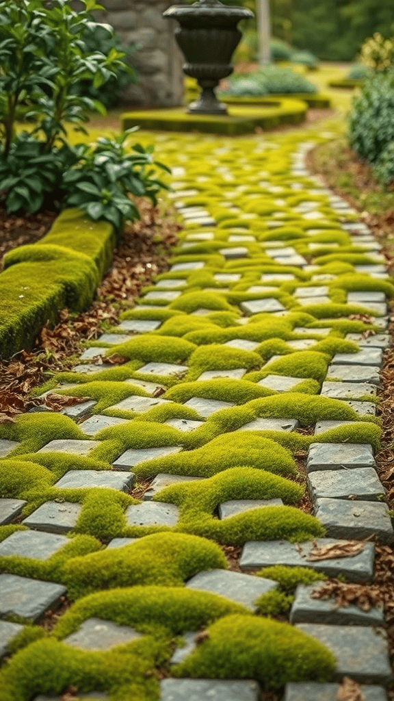 A cobbled path with moss and greenery on the sides, leading to a beautiful garden.