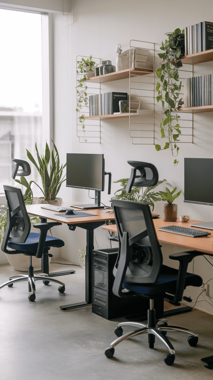 Modern collaborative workspace with plants and computers.