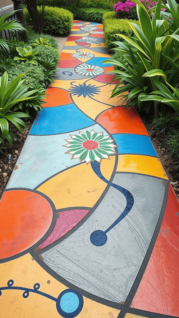 A colorful concrete walkway winding through greenery and flowers