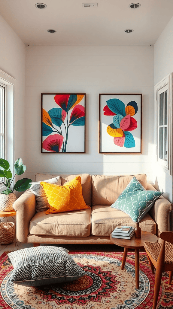 A cozy living room in a vintage tiny house featuring colorful throw pillows and vibrant artwork on the walls.