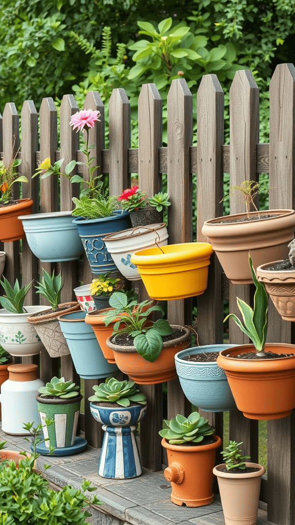 Colorful ceramic pots arranged on a wooden fence with various plants.