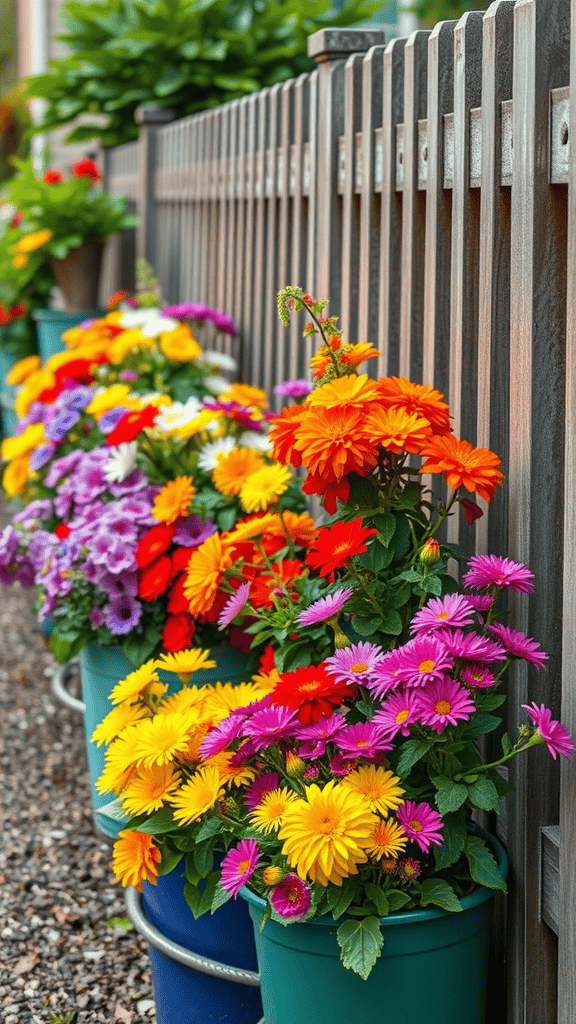 A row of colorful flowers in containers along a wooden fence.