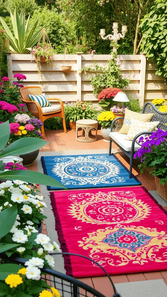 A vibrant outdoor setting featuring colorful rugs, surrounded by beautiful flowers and plants.