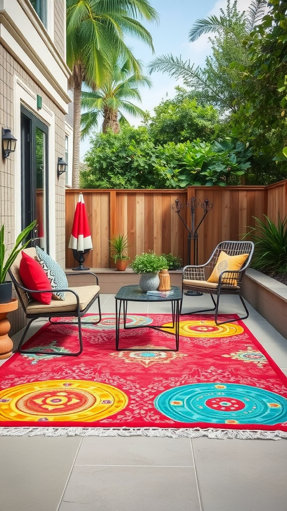 A colorful outdoor rug on a patio surrounded by plants and seating.