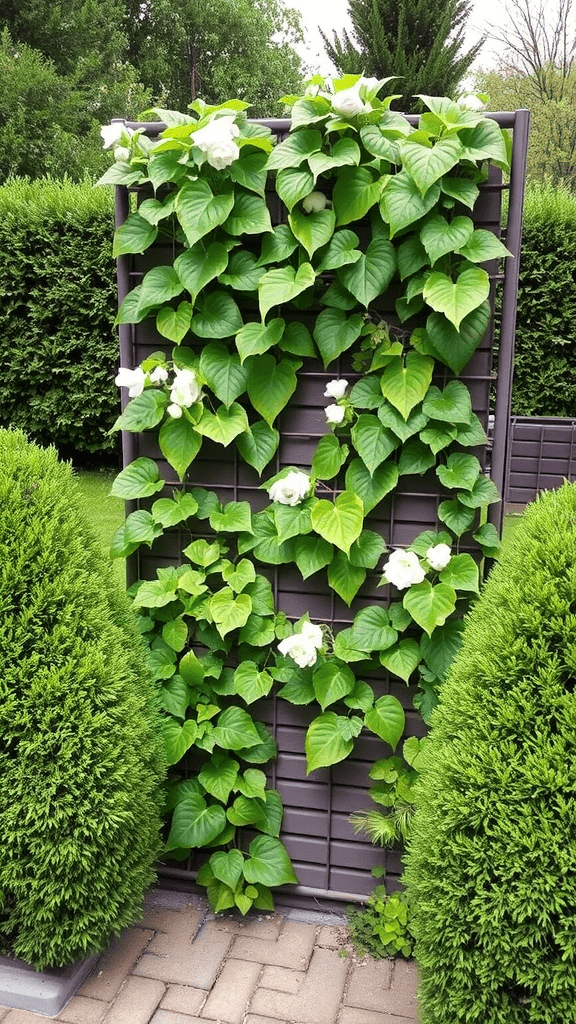 Vertical garden with climbing plants and hedges.