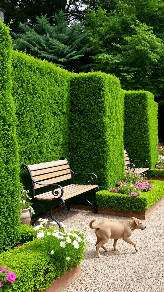 A serene garden with neatly trimmed hedges, wooden benches, and colorful flowers.