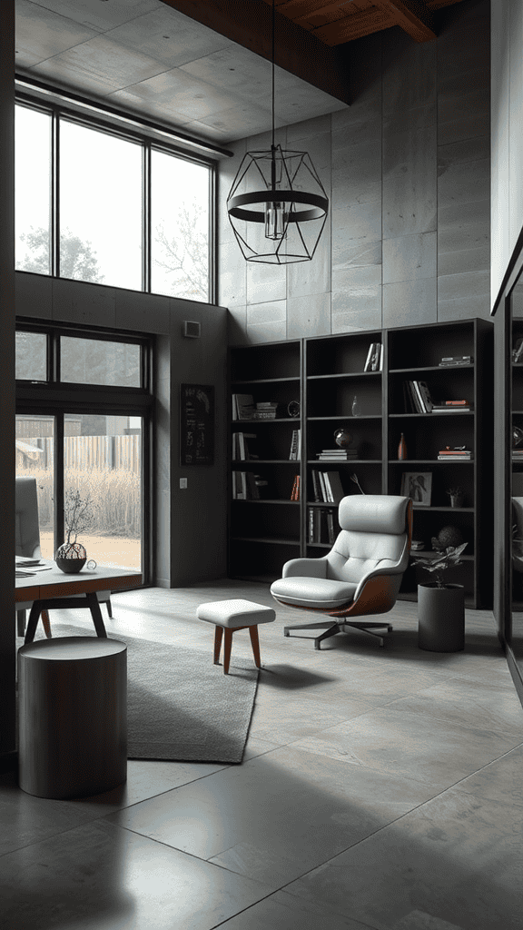 A modern workspace with a cozy chair, bookshelf, and natural light.