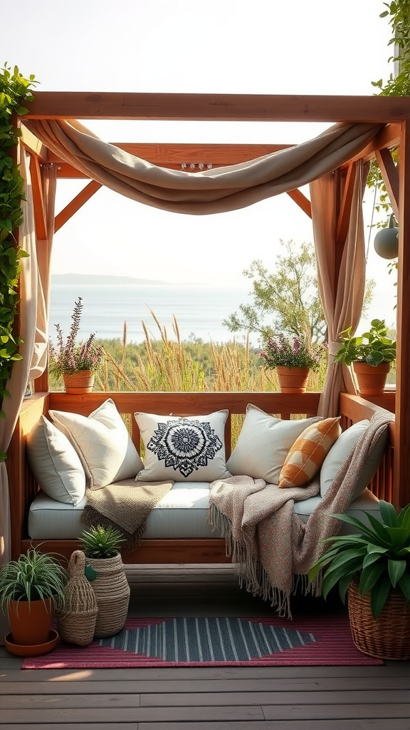 Cozy outdoor daybed nook decorated with cushions, blankets, and potted plants