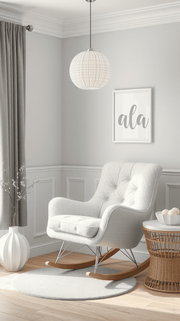 A cozy corner featuring a soft-hued rocking chair, round rug, and stylish decor.