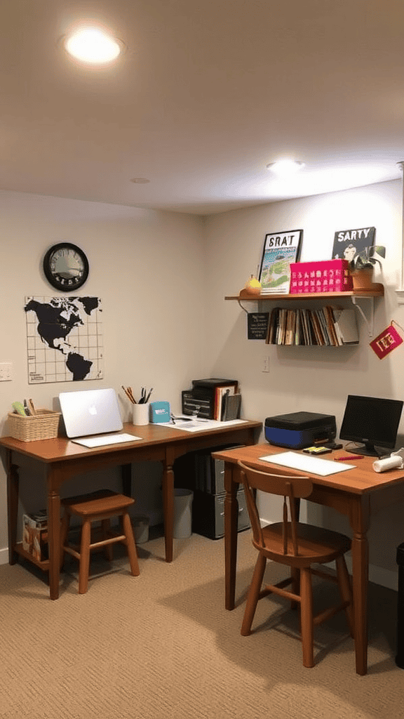 A cozy study area featuring two desks, bookshelves, and a warm light.