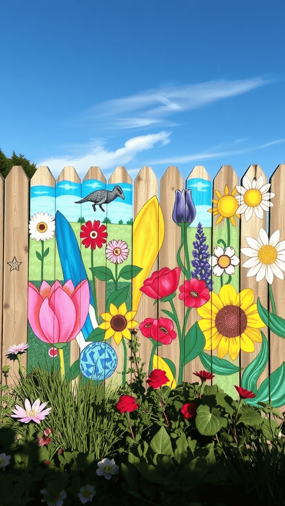 A colorful mural on a wooden fence featuring flowers, a dinosaur, and surfboards against a blue sky.