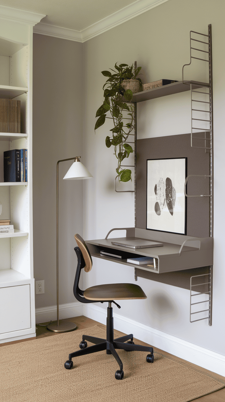 A compact desk setup in a small space, featuring a chair, lamp, and plant.