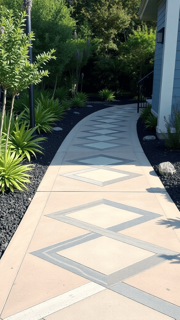 A concrete walkway featuring a stylish diamond pattern surrounded by greenery and black mulch.