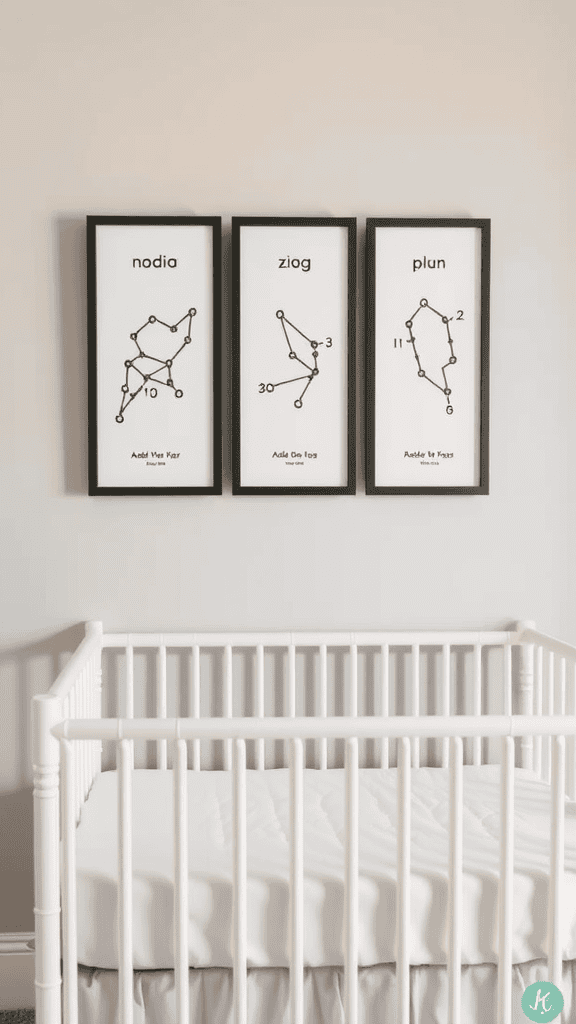 Three framed prints of constellations on a wall above a crib